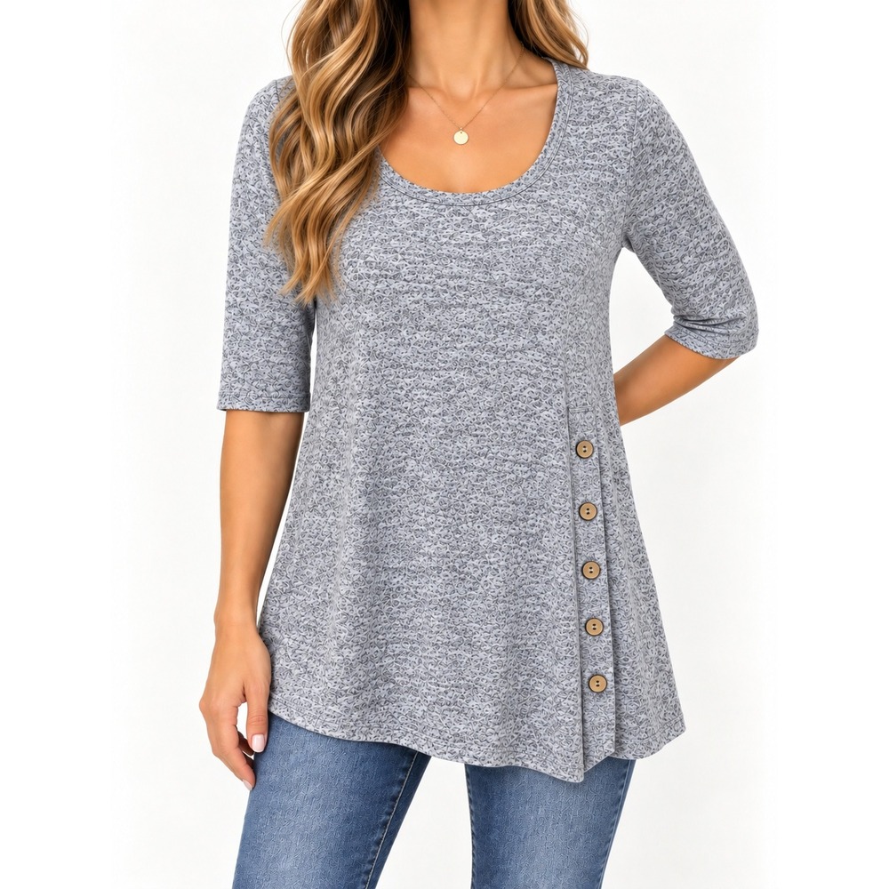 Misia Grey Marl Knit Tunic Top Button Detail Elbow Sleeve Heathered Size M